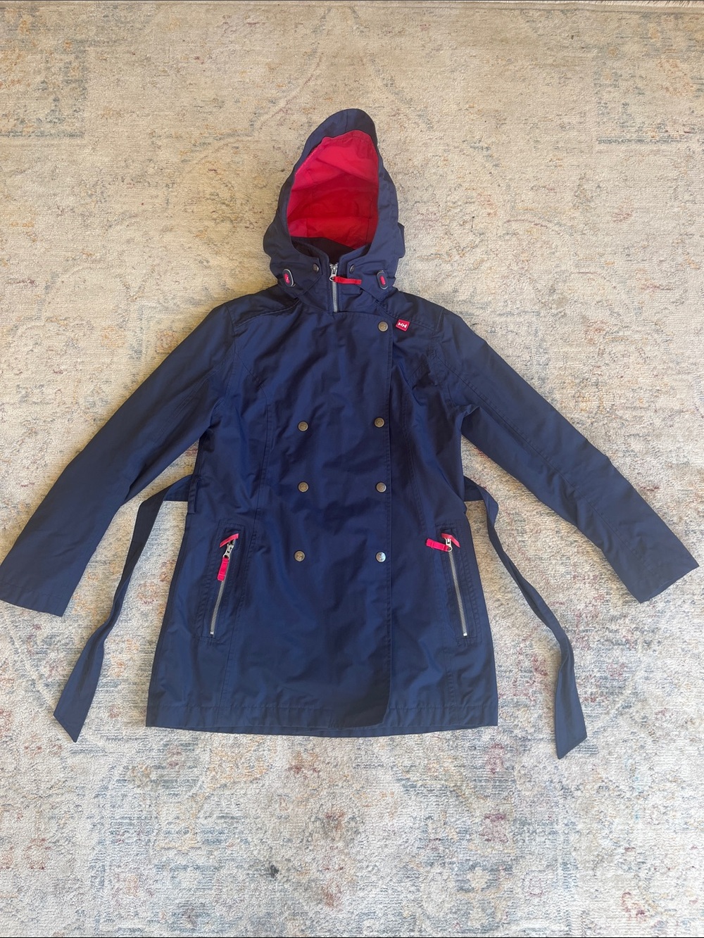 Helly Hansen Navy Trench Coat with Red Hood Lining